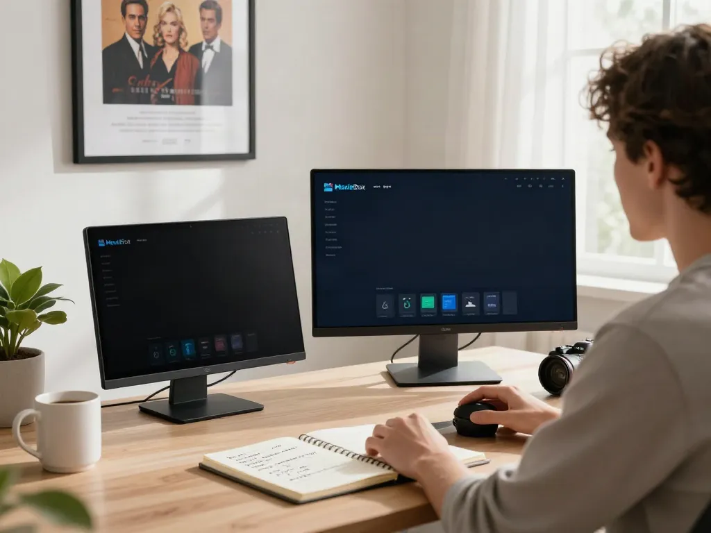 Moviebox PC APK download showcased in a modern home office setting with a user-focused streaming experience.
