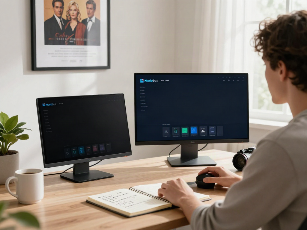 Moviebox PC APK download showcased in a modern home office setting with a user-focused streaming experience.
