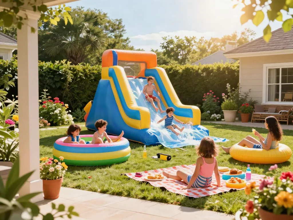 Kids enjoying a water slide in a colorful backyard summer scene while adults relax nearby.