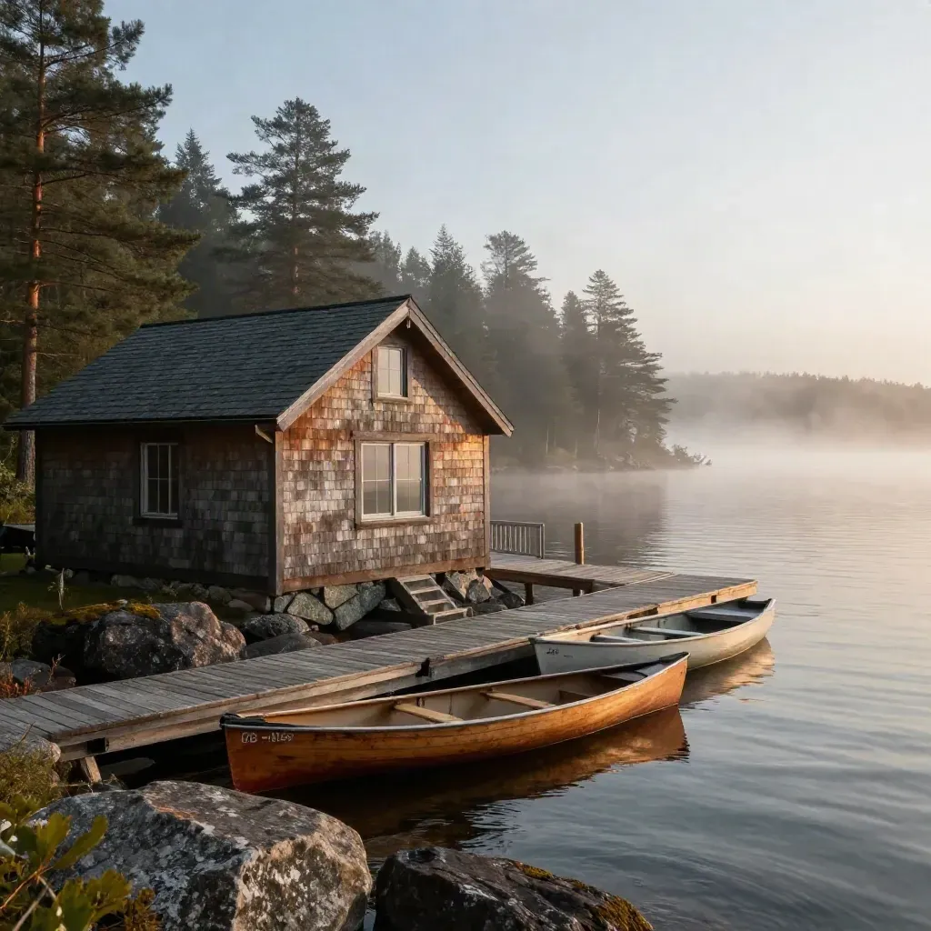 Muskoka cedar cabin on a foggy lake shore with dock, canoes and rowboat at sunrise.