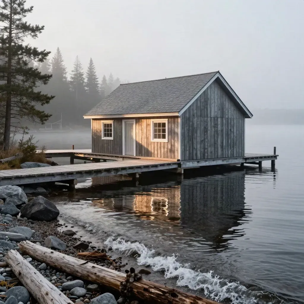 Cedar cabin, boathouse, and dock on a misty lake with a curling wave and pine shoreline.