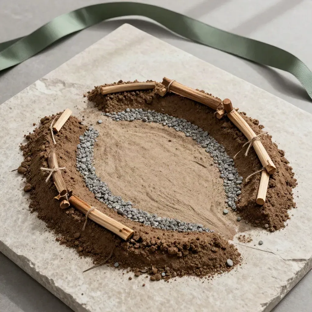 Overhead flatlay of graded earth, gravel, and timber stakes laid like a cabin lot map.