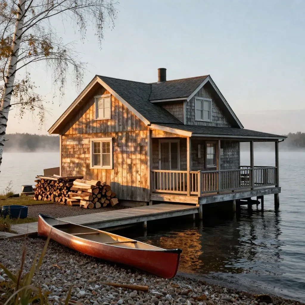 Kawartha lakeside cottage at sunset with canoe, firewood and glowing dock.