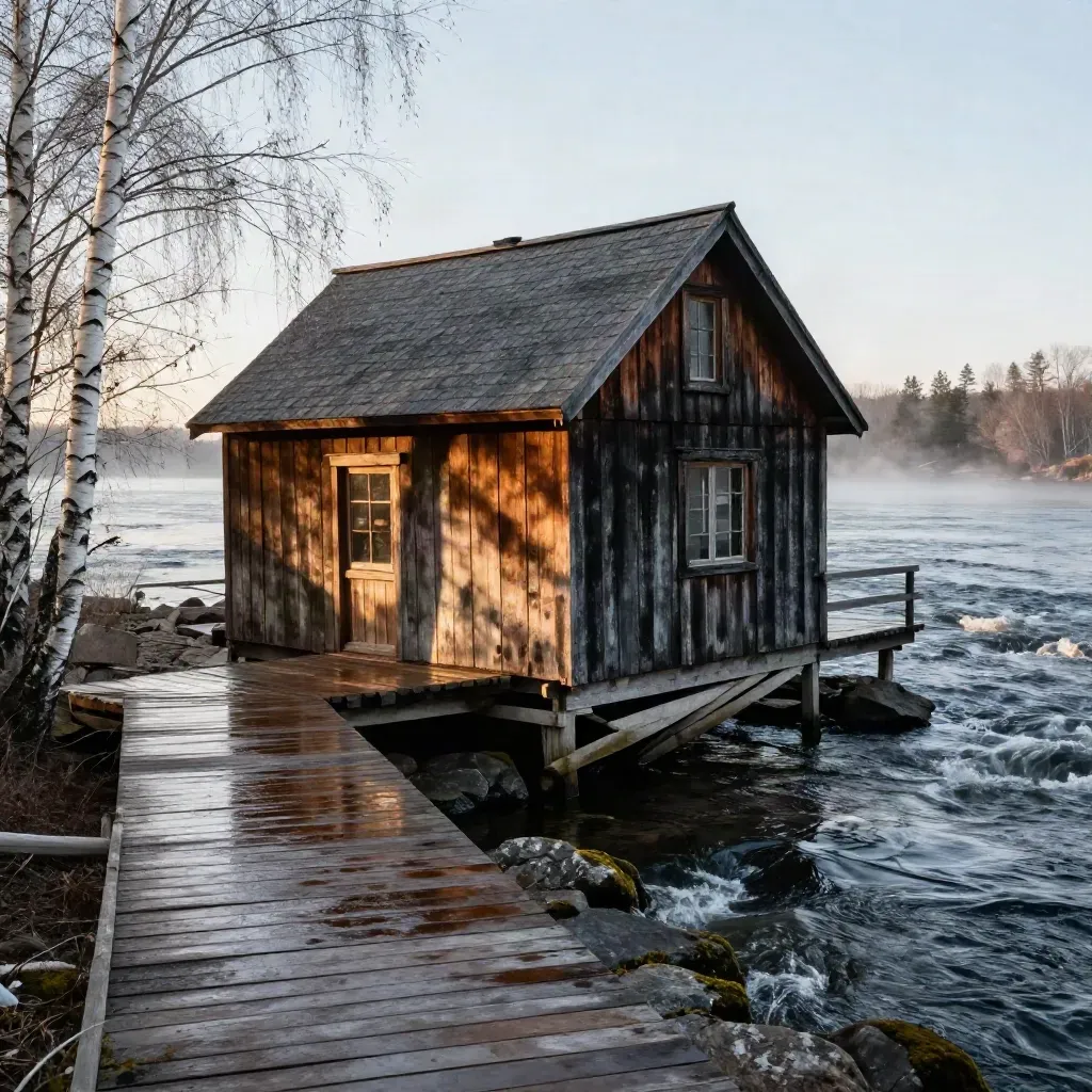 Weathered cedar river cabin beside fast water with birch trunks and a timber dock.