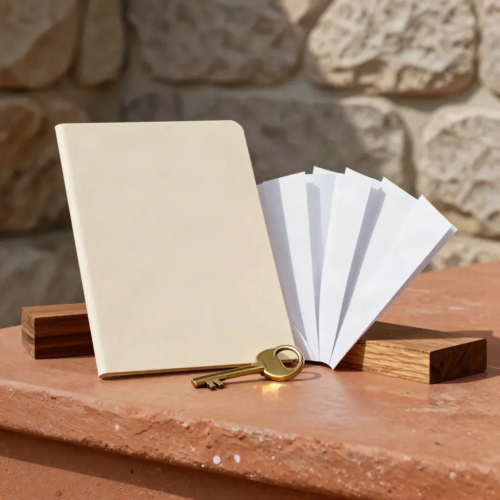 Brass key, cedar block and ivory folder fanned on a terracotta ledge in dramatic studio light.