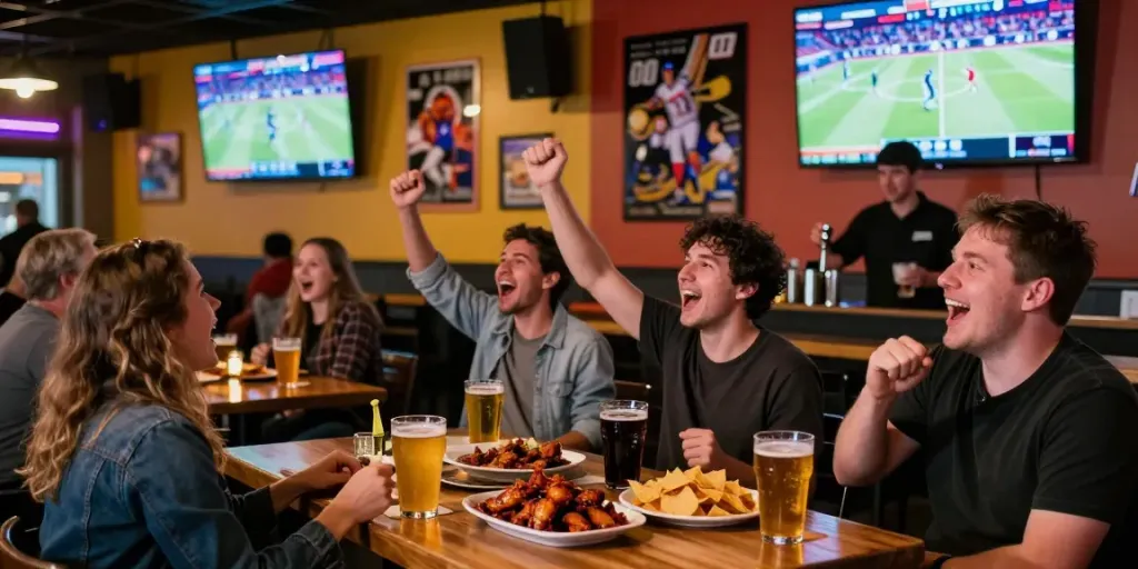 Exciting sports bar in Mississauga with friends cheering, craft beer, and live sports on screen.